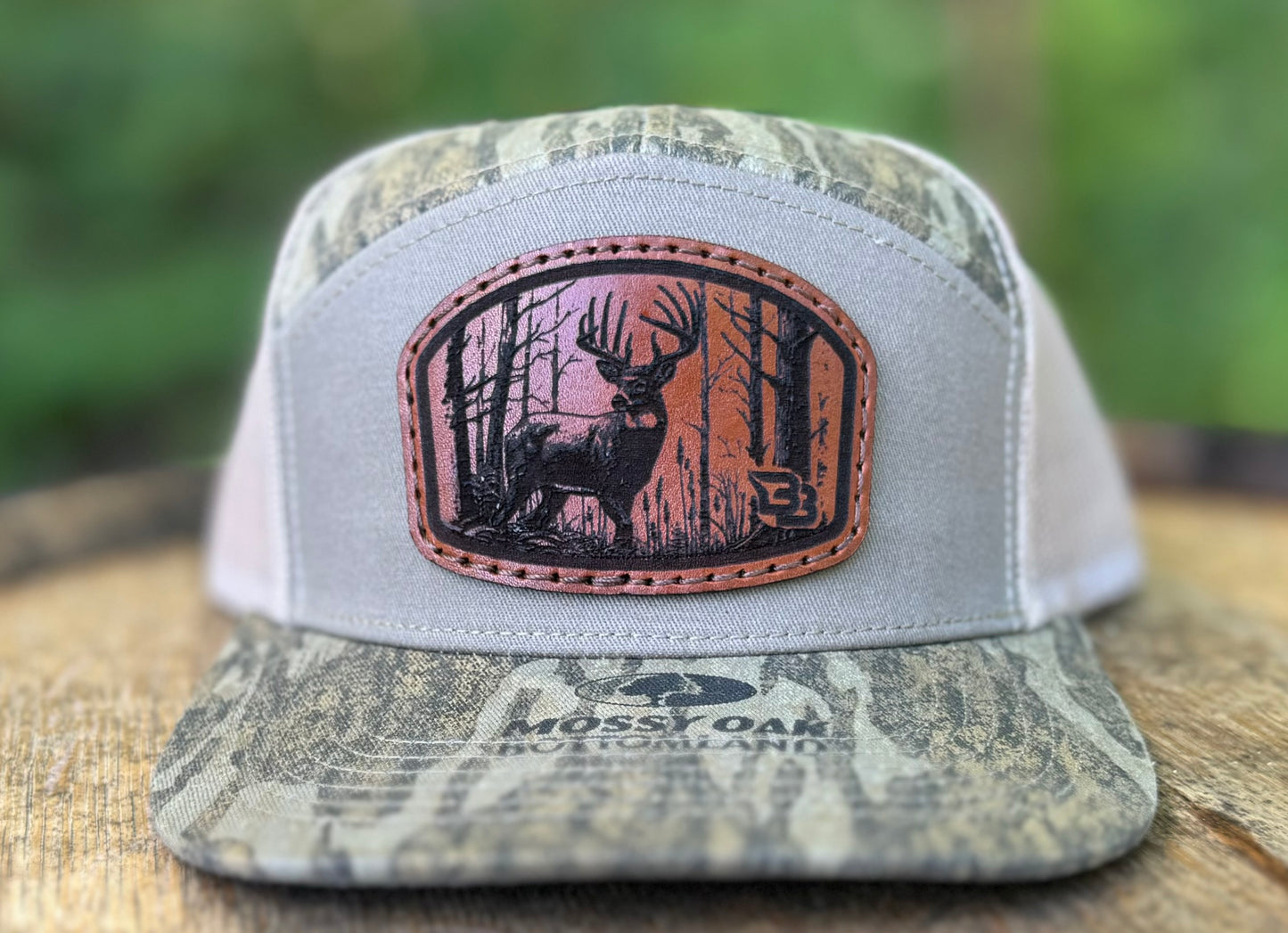 Forest Buck Leather Patch 7 Panel Flat Bill Hat