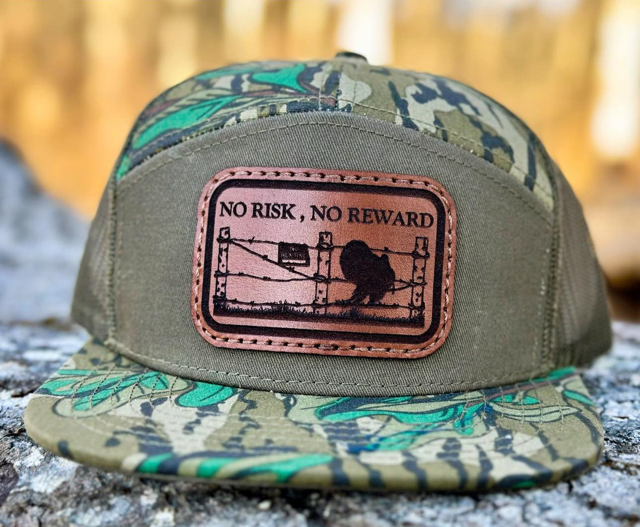 No Risk No Reward Turkey Panel Flat Bill Leather Patch Hat