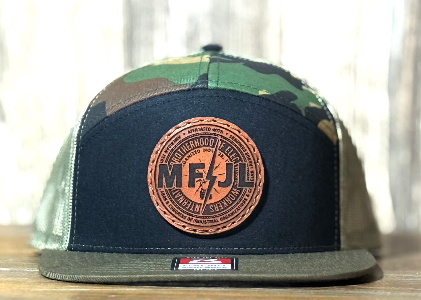 MFJL Union Lineman Circle Logo 7 Panel Flat Bill Leather Patch Hat