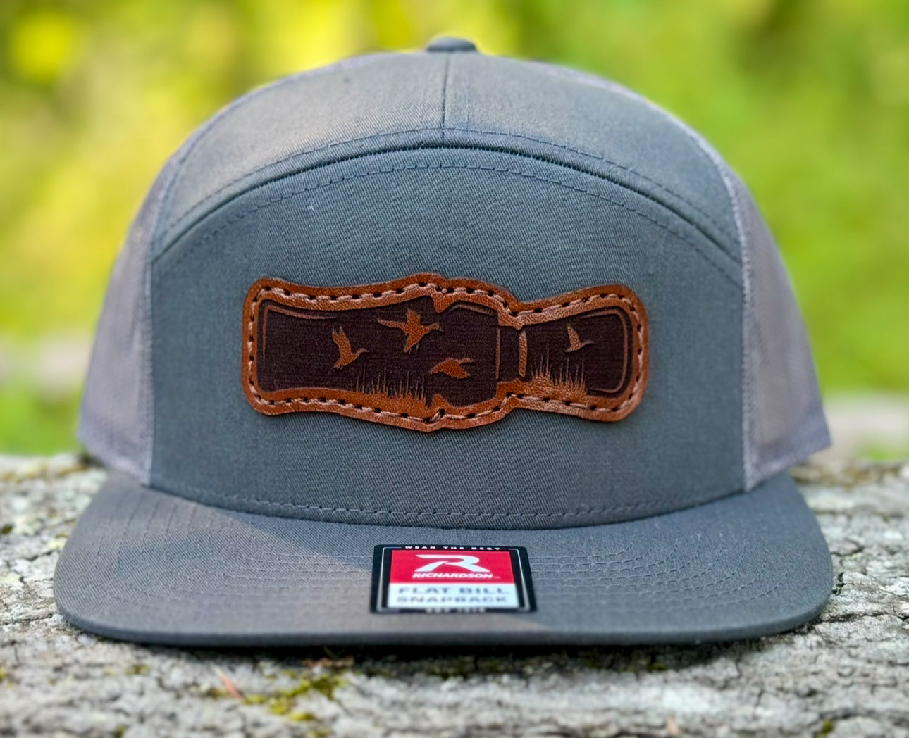 Duck Call 7 Panel Flat Bill Leather Patch Hat