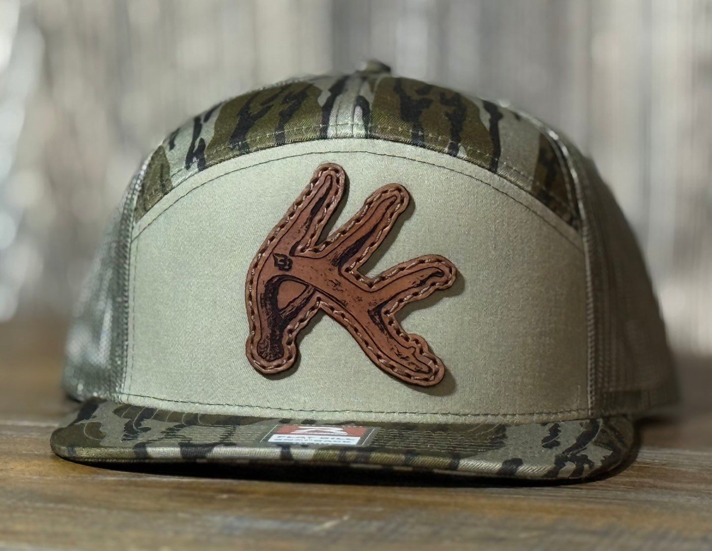 Deer Shed Die Cut Leather Patch 7 Panel Flat Bill Hat