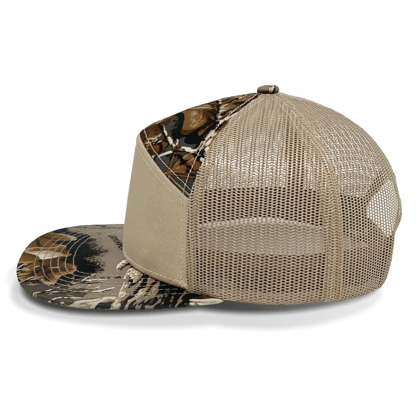 Deer Antler Flag Leather Patch 7 Panel Flat Bill Hat