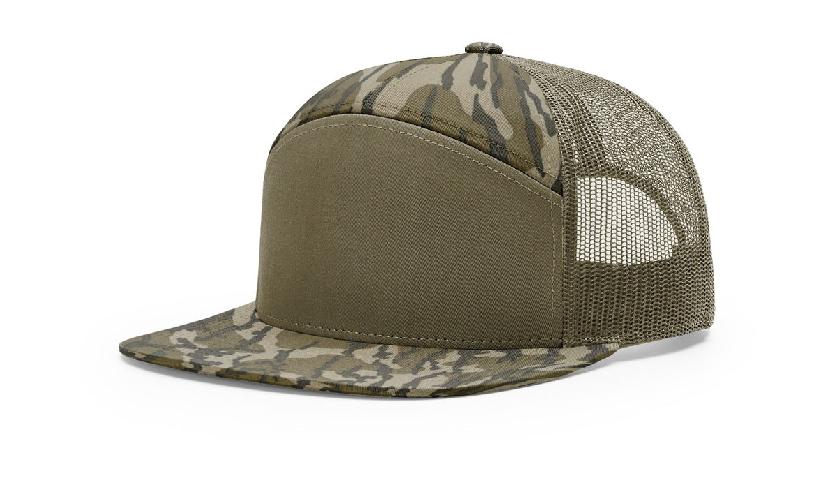 Turkey Hunter With Gobbler 7 Panel Flat Bill Leather Patch Hat