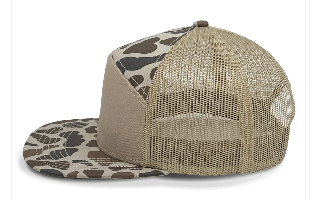 Turkey Hunter With Gobbler 7 Panel Flat Bill Leather Patch Hat