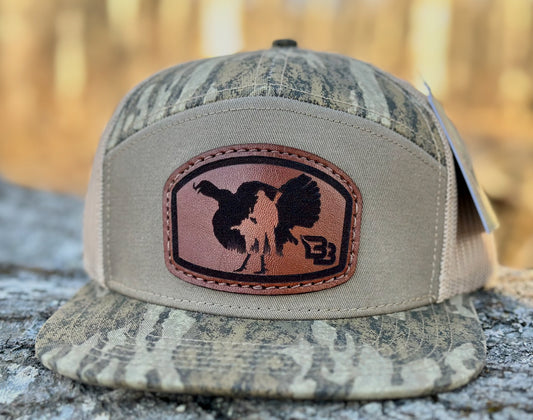 Turkey Hunter With Gobbler 7 Panel Flat Bill Leather Patch Hat
