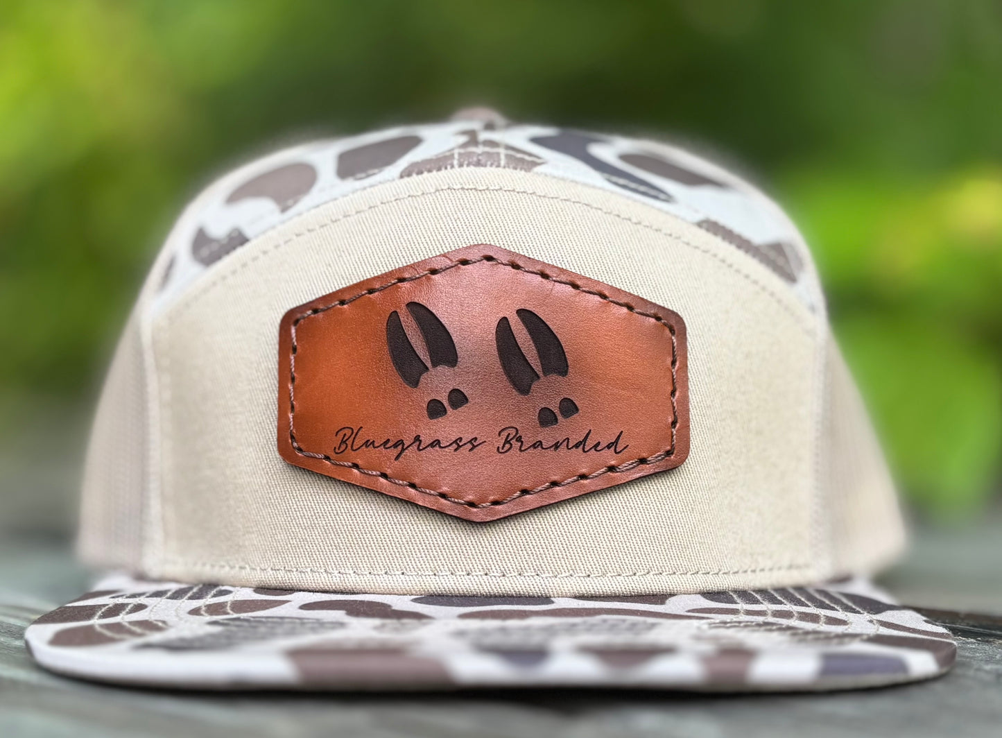 Deer Track Logo Leather Patch 7 Panel Flat Bill Hat