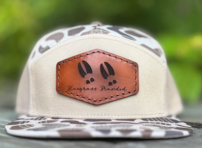 Deer Track Logo Leather Patch 7 Panel Flat Bill Hat