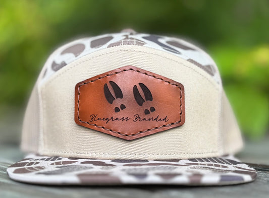 Deer Track Logo Leather Patch 7 Panel Flat Bill Hat
