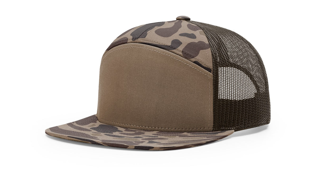 Turkey Hunter With Gobbler 7 Panel Flat Bill Leather Patch Hat