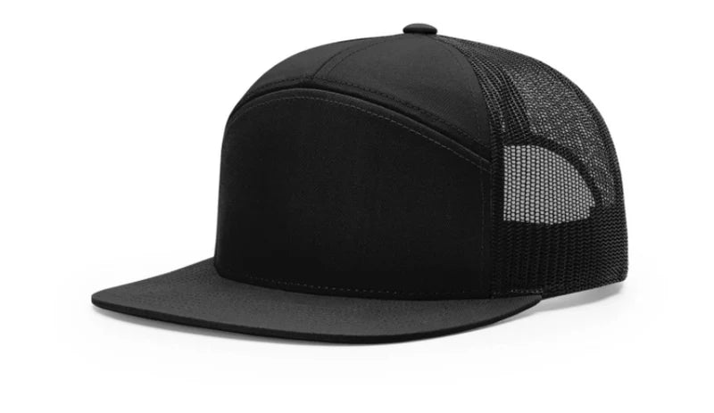 Turkey Hunter With Gobbler 7 Panel Flat Bill Leather Patch Hat