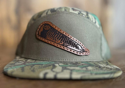Turkey Feather 7 Panel Flat Bill Leather Patch Hat