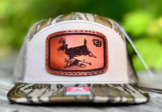 Jumping Buck Leather Patch 7 Panel Flat Bill Hat