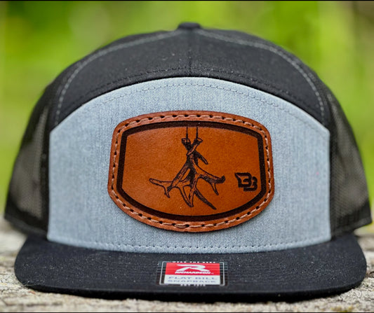 Hanging Deer Horns 7 Panel Flat Bill Leather Patch Hat