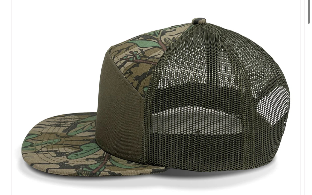 Turkey Hunter With Gobbler 7 Panel Flat Bill Leather Patch Hat