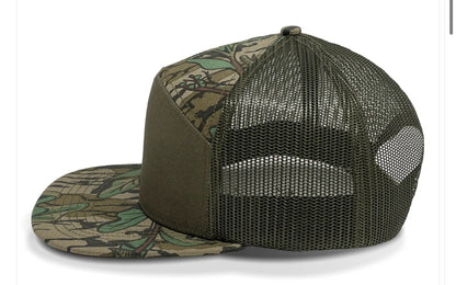 Turkey Hunter With Gobbler 7 Panel Flat Bill Leather Patch Hat