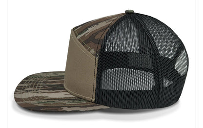 Turkey Hunter With Gobbler 7 Panel Flat Bill Leather Patch Hat
