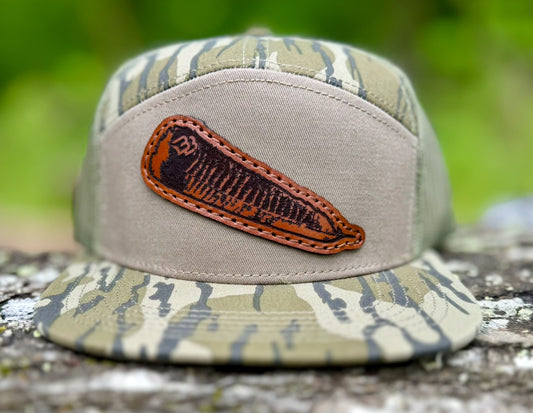 Turkey Feather 7 Panel Flat Bill Leather Patch Hat