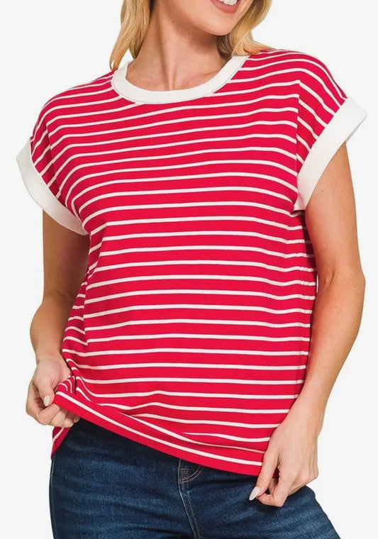 Red Stripe Cap Sleeve Tee