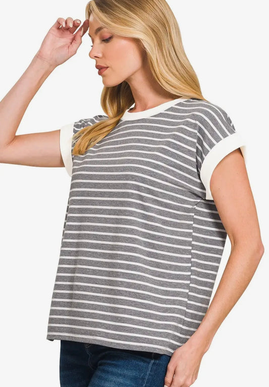 Gray Stripe Cap Sleeve Tee