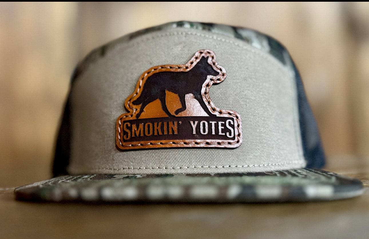 Smokin’ Yotes 7 Panel Flat Bill Leather Patch Hat – Bluegrass Branded ...