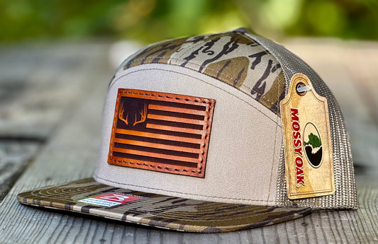 Deer Antler Flag Leather Patch 7 Panel Flat Bill Hat