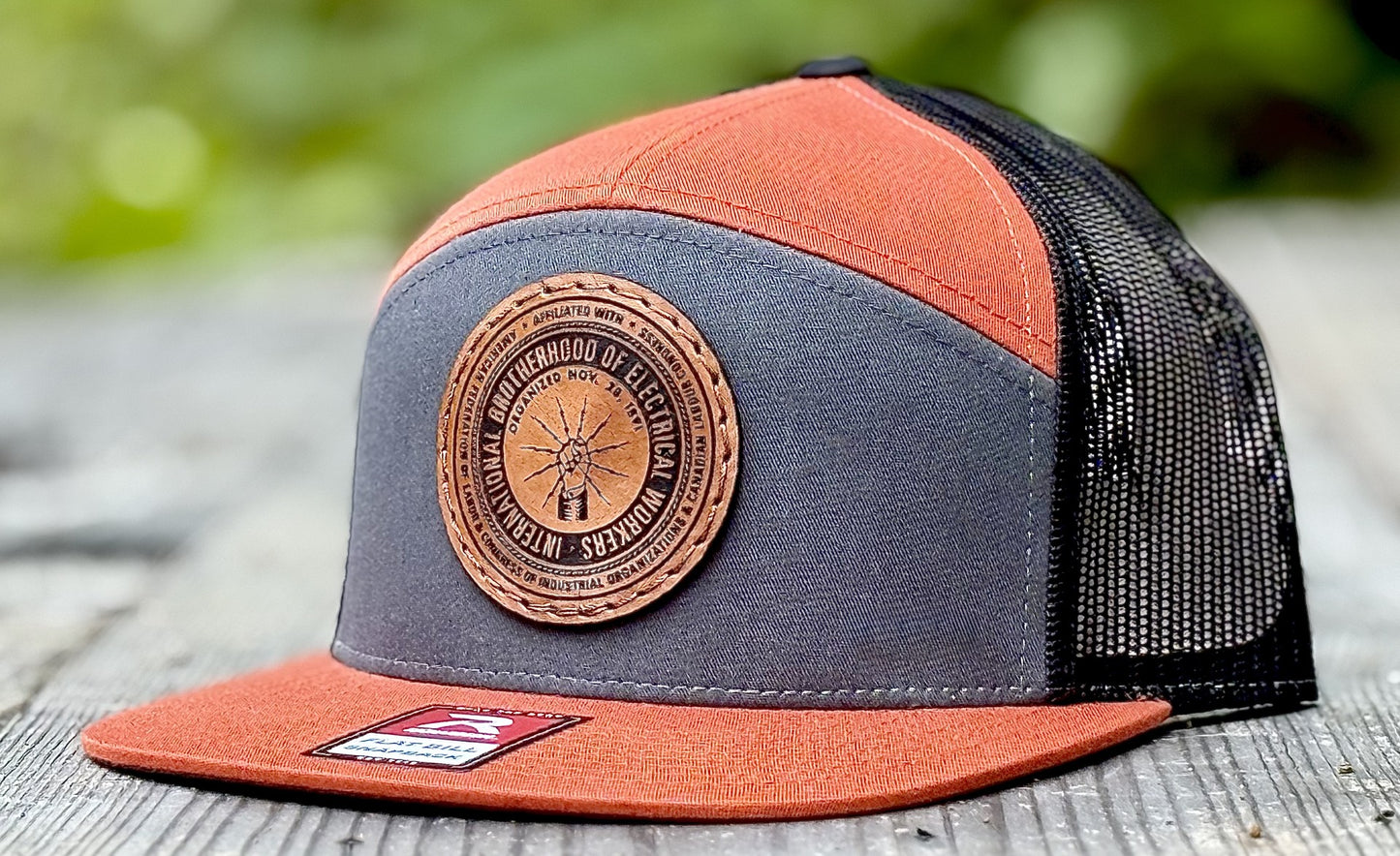 Union Lineman Circle Logo 7 Panel Flat Bill Leather Patch Hat
